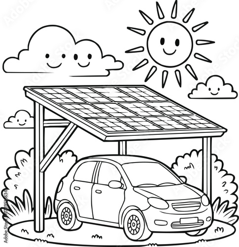 Cheerful Solar Carport Children’s Coloring Book Outline Illustration
