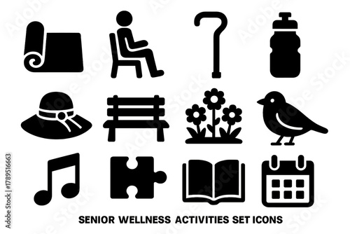 Senior Wellness Icons. Senior wellness activities silhouette icon set: yoga mat, chair exercise, walking cane, water bottle, sun hat, park bench, flower garden, bird, music note,