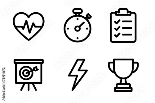 Fitness Icons Grid. Fitness Progress linear icon set: heart rate monitor, stopwatch, checklist, goal board, energy bolt, trophy.