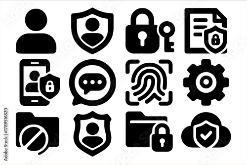 User Privacy Icons. User Privacy silhouette icon set: user icon, shielded profile, lock and key, privacy document, secure phone, data bubble, fingerprint scan, settings gear,
