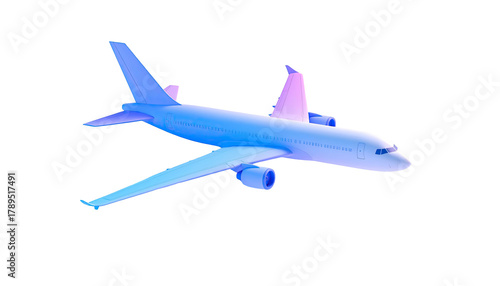 Air plane outlined in purple and blue against black backdrop