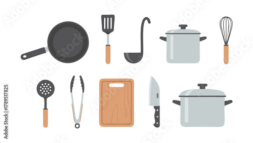 A comprehensive vector set of essential kitchen utensils and cookware, including a frying pan, pot, knife, and spatula for culinary concepts