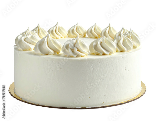 Round vanilla cake with piped frosting peaks around edge