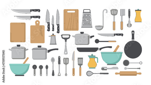 Essential Kitchen Utensils and Cookware. Diverse Culinary Tools for Food Preparation, Cooking, and Serving. Flat Lay Illustration of Home Kitchen Equipment
