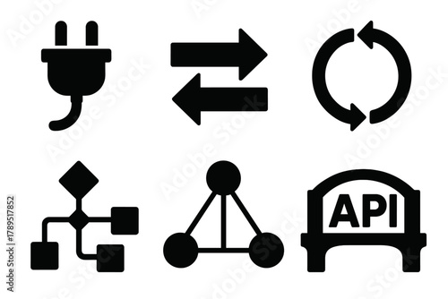 Brutalist Integration Icons. Integration silhouette icon set: plug icon, connection arrows, data sync, workflow diagram, network nodes, API bridge.