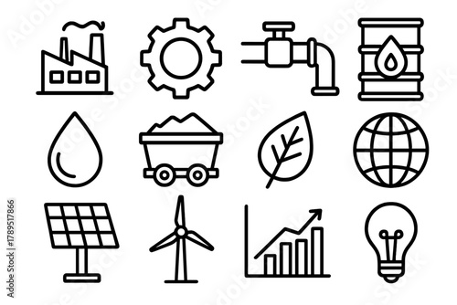 Sustainable Industry Icons. Industrial Natural Resources linear icon set: factory building, gear, pipeline, oil barrel, water droplet, mining cart, leaf, globe, solar panel, wind