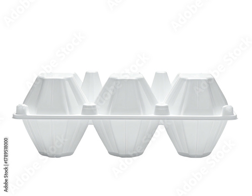 White, clean, styrofoam six-egg carton, front-lit
