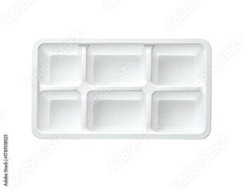 White tray with six divided square compartments overhead view