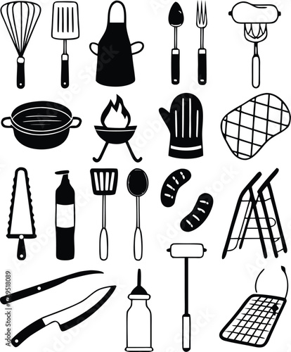 Vector bbq grill tools and food icons bundle scalable illustration eps format