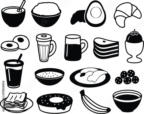 Vector illustration bundle of 30 hand-drawn breakfast food icons for scalable eps designs