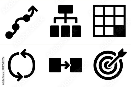 Bold Learning Icons. Learning Process silhouette icon set: exploration path, policy diagram, Q-learning matrix, feedback arrow, state transition, goal target.