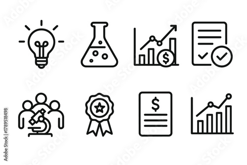 Innovation Icons Set. Innovation Grants linear icon set: lightbulb idea, lab flask, money graph, approved form, team research icon, award ribbon, financial document, analytics