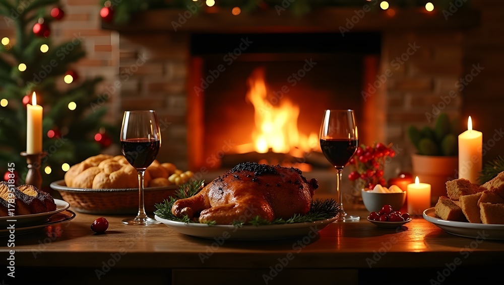 Fototapeta premium Rustic Christmas Feast with Meat, Wine, and Fireplace — Warm Holiday Celebration Scene