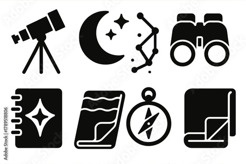 Stargazing Icons Set. Stargazing Essentials silhouette icon set: telescope, moon, stars, constellation, binoculars, notebook, blanket, compass.