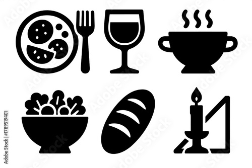 Bold Dinner Icons. Dinner Concept silhouette icon set: plate with food, fork and knife, wine glass, soup bowl, salad, bread loaf, candle, napkin.