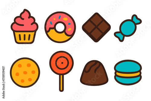 Colorful Party Treats. Party Treats Icons flat icons: frosted cupcake, donut with sprinkles, chocolate cube, candy wrap, cookie, lollipop, truffle, macaron