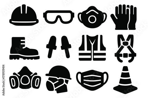 Protective Gear Icons. Protective Construction Equipment silhouette icon set: hard hat, safety glasses, dust mask, gloves, boots, ear plugs, vest, harness, respirator, helmet, face