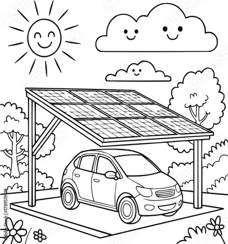 Cheerful Solar Carport Children’s Coloring Book Outline Illustration