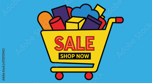 Sale shopping now online discounts promotion retail shop now cart vector