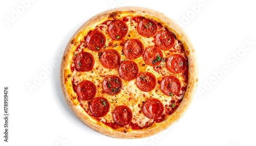 Delicious Pepperoni Pizza on White Background, Top View.