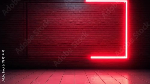 A Bright Red Neon Square Frame Glows Against a Textured Brick Wall and Reflective Floor in a Dark Room