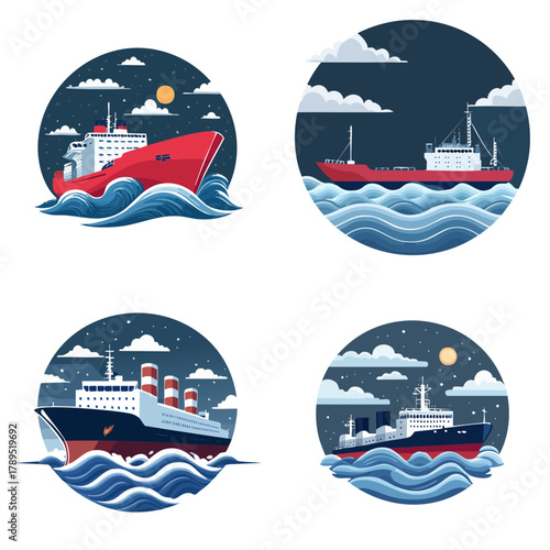 Set of vintage-style cargo freighter ships sailing on stormy waves at night, flat vector illustration, minimal round composition.