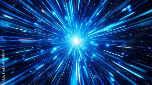 Abstract Blue Light Trails Exploding From Bright Center Starburst Towards Viewer Dynamic Motion Background