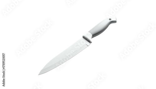 Pristine white kitchen knife on a stark black background