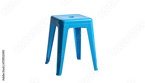 Blue, plastic, stackable, simple stool against black backdrop