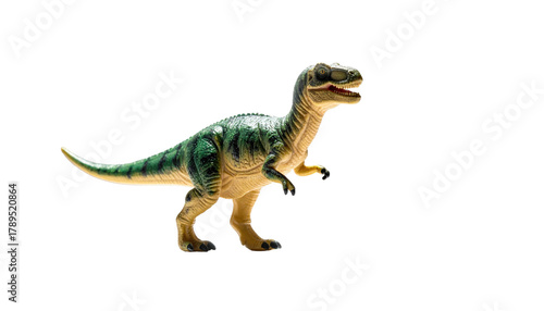 Toy dinosaur; green, beige, and black coloring
