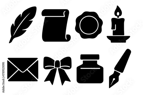 Elegant Writing Icons. Elegant Writing Collection silhouette icon set: feather quill, scroll, wax seal, candle, envelope, ribbon, ink bottle, pen.