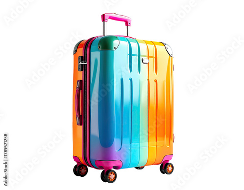 Colorful suitcase with striped rainbow hue and metallic hardware