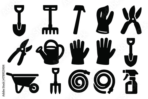 Brutalist Gardening Icons. Gardening Tools Set silhouette icon set: shovel, rake, hoe, trowel, pruning shears, watering can, gloves, spade, wheelbarrow, garden fork, hose, spray