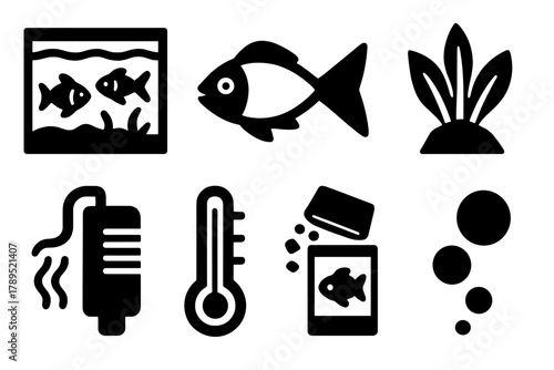 Brutalist Fishkeeping Icons. Fishkeeping Essentials silhouette icon set: aquarium, fish, plant, gravel, filter, thermometer, food flakes, bubbles.