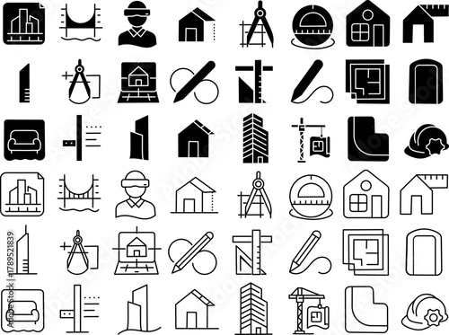 Architecture and Construction Stroke Icon Set. Containing Building, Engineer, Drafting, Design Tools, and Blueprint Icons.