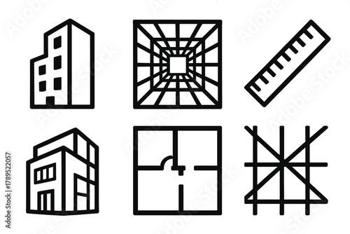 Brutalist Architectural Icons. Architectural Sketching silhouette icon set: building outline, perspective grid, ruler tool, facade sketch, floor plan, structural lines.