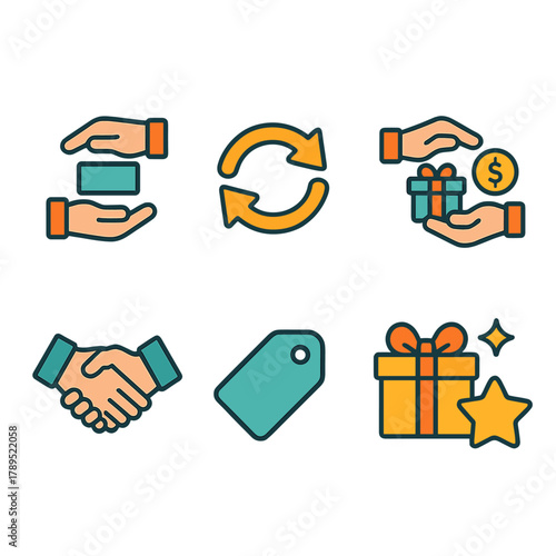 Colorful Exchange Icons. Friendly Exchange Icons flat icons: hand swap, arrows rotation, gift exchange, coin trade, handshake, tag label, box with bow, star sparkle