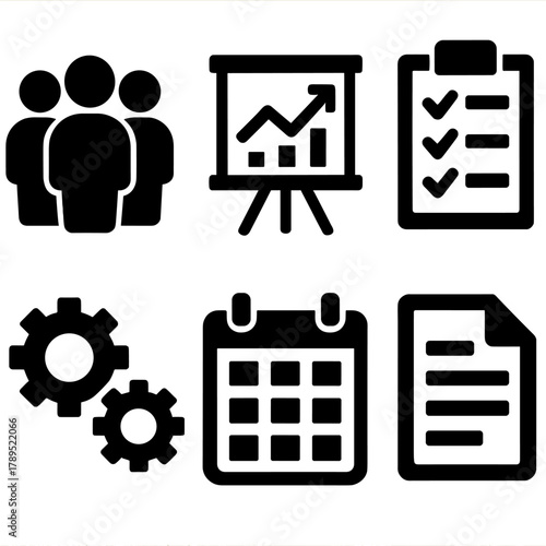 Team Discipline Icons. Team discipline silhouette icon set: group of people, chart board, checklist, gears, calendar, document.