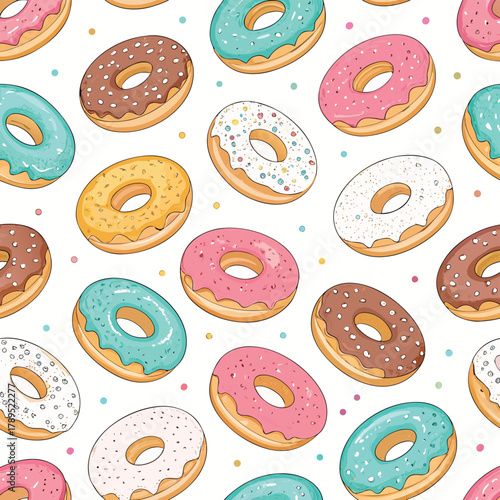 Stack of three colorful donuts with pink, blue, and brown glaze, decorated with sprinkles, delicious dessert illustration	
