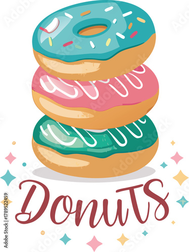 Stack of three colorful donuts with pink, blue, and brown glaze, decorated with sprinkles, delicious dessert illustration	
