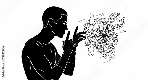 Man contemplating a complex, abstract idea visualized as a tangled network of thoughts.