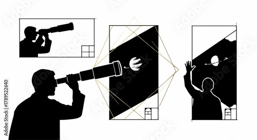 Silhouette of person exploring the cosmos through a telescope, envisioning discovery and wonder.