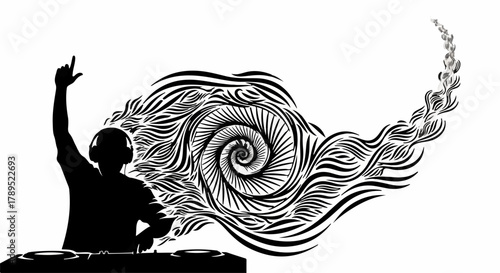 Energetic DJ silhouetted, mixing music with vibrant, swirling sound waves emanating from headphones.