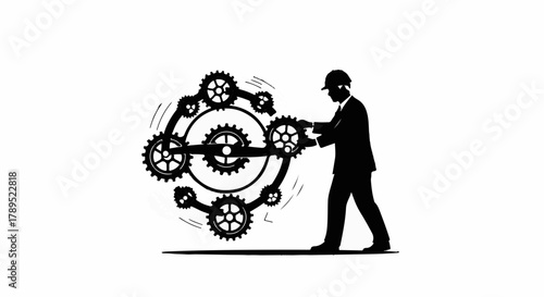 Businessman turning gears in a complex mechanism, symbolizing effort and precision in industry.