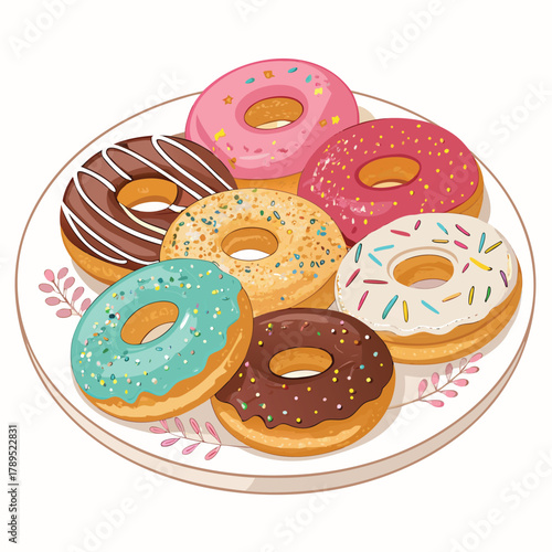 Stack of three colorful donuts with pink, blue, and brown glaze, decorated with sprinkles, delicious dessert illustration	
