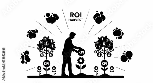 Man planting money trees to grow ROI and KPIs, symbolizing business growth and investment.