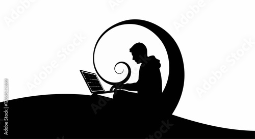 Silhouette of a person engrossed in coding on a laptop, with a swirling abstract background symbolizing focus and creativity.