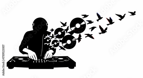 DJ creates music from vinyl records that transform into flying birds, symbolizing freedom and creativity.