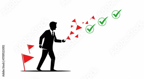 Businessman transforms obstacles into achievements with strategic planning and execution.