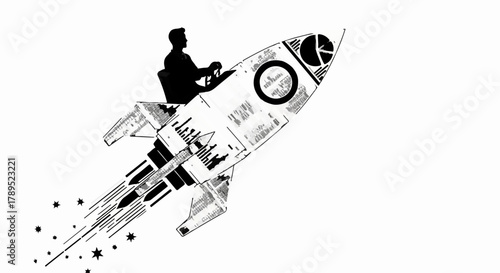 Fototapeta Naklejka Na Ścianę i Meble -  Silhouette of a person piloting a retro rocket ship into the sky, symbolizing ambition and innovation.